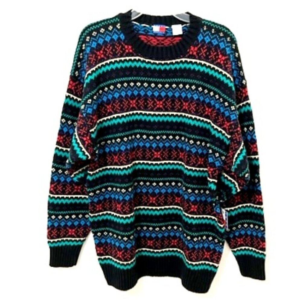 Tommy Hilfiger Black Multi-Color Fair Isle Linen Cotton Sweater Men's XL